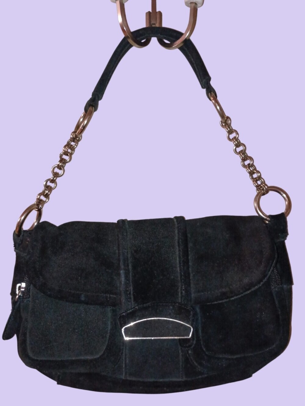 Black Suede Mini Shoulder Bag W/ Silver Chain Hardware Excellent Used Condition - Picture 2 of 5
